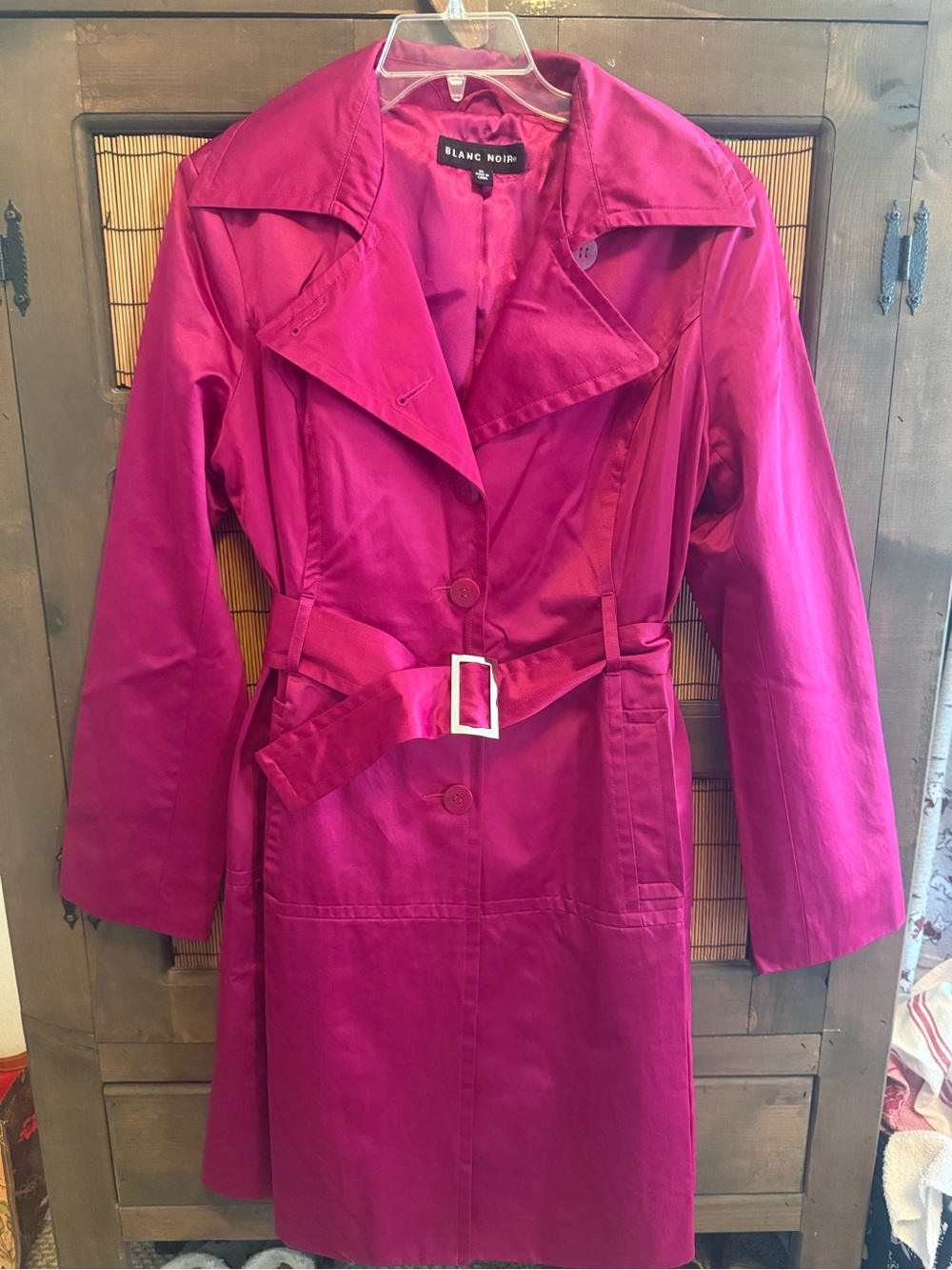 Blanc Noir Vibrant Magenta Trench Coat with Silver Buckled Belt